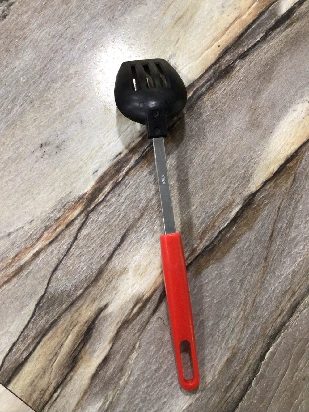 Vintage Korea Slotted Serving Spoon Nylon Head Red Handle Stainless Shaft 11”